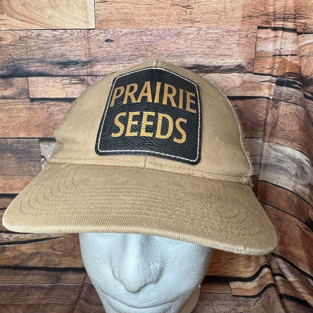 "Prairie Seeds" Hat Cap Tan Brown Leather Patch Farm Ag Adjustable Snapback